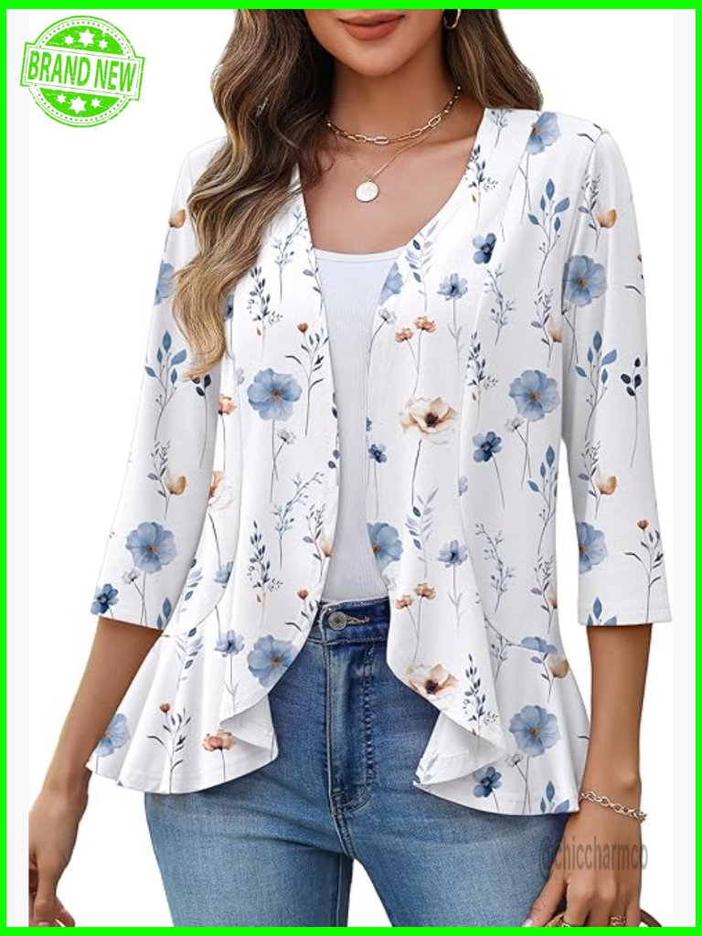 Lightweight Cardigan Open Front Draped Ruffles 3/4 Sleeve Kimono Coverup